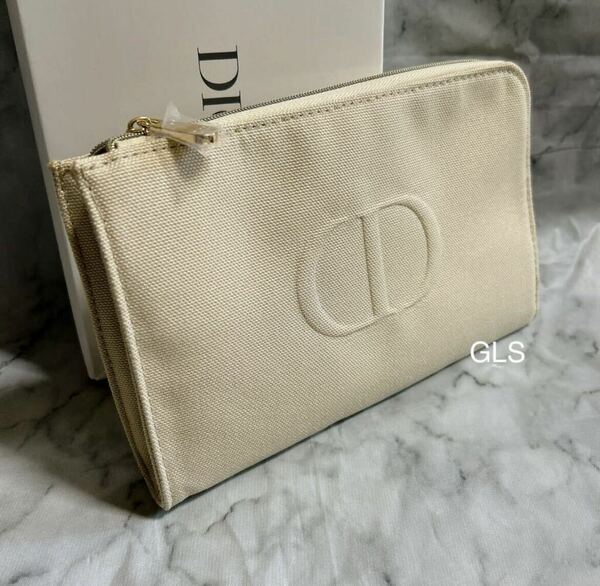 レア 未使用本物 christian dior L字ファスナー ポーチ ベージュ ゴールド 布地 キャンバス コスメポーチ フラットポーチ ノベルティ