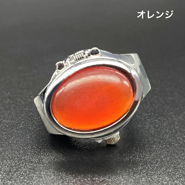 ◇リングウォッチ 指輪時計 指時計 アクセサリー カラーストーン 蓋付き 開閉式 オレンジ
