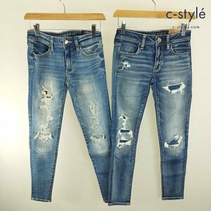 O315b [未使用品] AMERICAN EAGLE アメリカンイーグル デニムパンツ 0 インディゴ SUPERSTRETCH JEGGING ダメージ加工 | ボトムス N