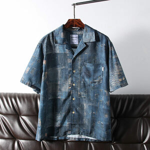 S1417-XL 新品 アロハシャツ メンズ 半袖シャツ 薄手 夏 カジュアル 花柄 総柄 おしゃれ シルクのような質感/ナイトブルー