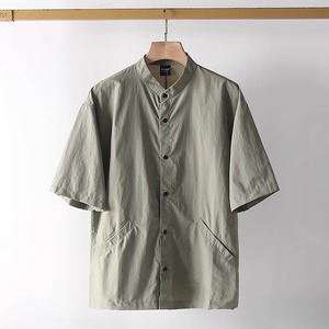 S2352-L 新品 メンズ 立ち襟 半袖 シャツ 高品質 薄手 通気 無地 吸汗速乾 夏 おしゃれ トップス / グリーン