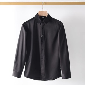 S2366-XL新品メンズ 長袖 無地 シャツ 高品質 快適 薄手 通気 春夏 士 ノーアイロン シルクのような質感 / ブラック