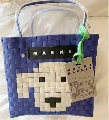 未使用 マルニ MARNI マーケット ピクニックバッグ かごバッグ/カゴバッグ 犬柄 青 