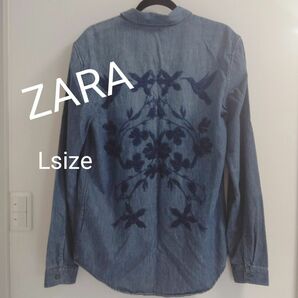 ZARAメンズ デニムシャツ Ｌサイズ バック刺繍 美品 長袖