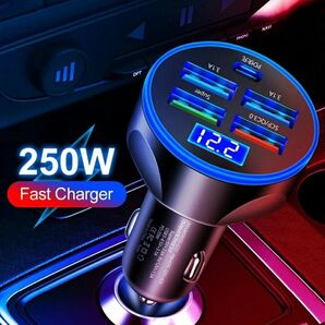 カーチャージャー 250W ディスプレイ表示 急速充電 PD 4USB & Type-C PD デュアル 5ポート シガーソケット