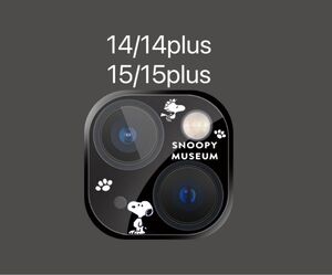 iphone14/14plus/15/15plus カメラフィルム 全面保護レンズカバー黒スヌーピー