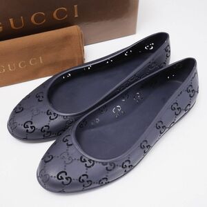 GP9577△伊製*GUCCI グッチ*ラバーシューズ*GG柄*フラットシューズ*バレエパンプス*靴*ラウンドトゥ*ネイビー系*size36（23cm相当）箱付き