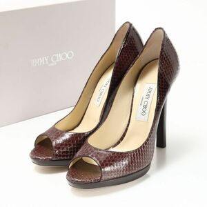 GP9881△イタリア製*JIMMY CHOO/ジミーチュウ*パイソンレザー*オープントゥ ヒール パンプス*靴*ブラウン*size39.5*箱付き