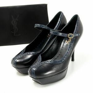 GP0628▽イタリア製 イヴサンローラン YSL*レザー*アンクルストラップ パンプス*35.5(22.5cm相当)*靴*ブラック×ネイビー系