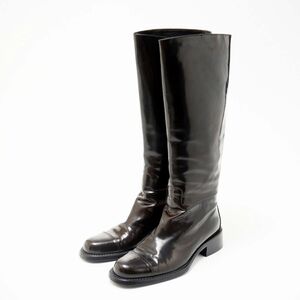 GP7388▽イタリア製*PRADA プラダ*Size 36.5（22.5～23cm相当）*パテントレザーロングブーツ*靴*ダークブラウン系