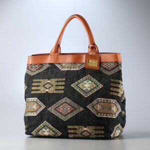 TH5633△ペレボルサ/PELLE BORSA*レザー×ゴブラン織り*ネイティブ柄/総柄*トートバッグ*ハンドバッグ*手提げ*鞄*ブラウン×ブラック系