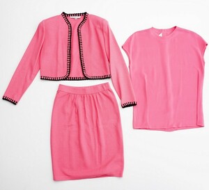 GP9636 USA made *2 point set * cent John * button less jacket * tight skirt * knitted suit + silk 100% tops * size 4* pink × black series 