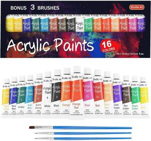 Shuttle Art acrylic paint acrylic fiber pigment 16 color set paint brush 3ps.@ attaching speed . endurance tube 12ml handmade 