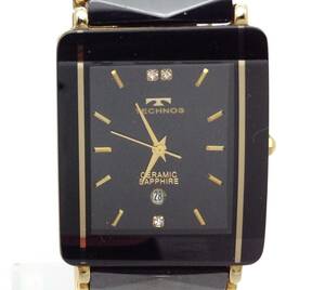  immovable goods [ TECHNOS wristwatch T9140 ] Tecnos men's square 3 hands type black × Gold face Date quartz QZ MN