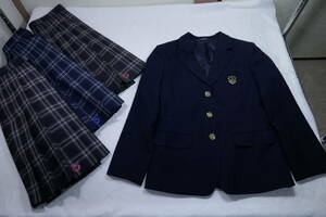 17 Chiba prefecture two pine .. university attached Kashiwa blaser (M) winter ( tea )& summer ( tea * navy blue ) check pattern skirt W60 dragonfly bar City Mate ( inspection middle . high school private uniform 