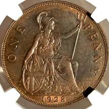 ◆レインボートーン◆1928 イギリス ジョージ５世 ペニー 銅貨 ブリタニア NGC AU58 投資_画像2