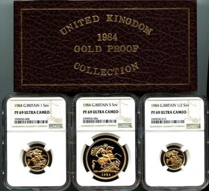 ◆最終年度◆1984年『UNITED KINGDOM 1984 GOLD PROOF COLLECTION』イギリス ソブリン金貨 3枚セット PF69 元箱COA付 NGC 5ソブリン