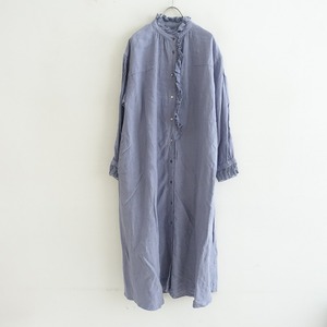 【定価3.4万】ネストローブ nest Robe *リネンコットンレース近江晒しフリルドレス*Fワンピース麻ブルー(m1-2404-396)【11E42】