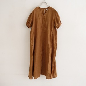 【美品】フォグリネンワーク fog linen work *リネンVネックワンピース*ライトブラウン麻半袖無地(33-2404-496)【31E42】