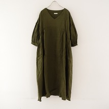 フォグリネンワーク fog linen work *リネンVネックサイドギャザーワンピース*麻グリーンカーキドレスFLW(25-2404-387)【71E42】_画像1