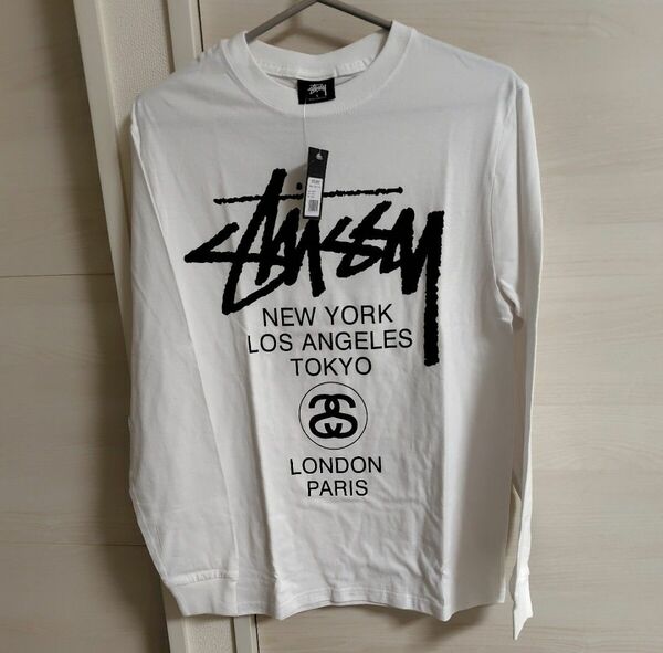 タイムセール☆値下げ☆送料無料☆新品未使用☆ステューシー STUSSY 長袖ロンT メンズS 白☆レディースLとしても活用☆