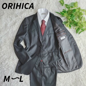 ■美品■ORIHICA オリヒカ SHINY STRETCH シャイニーステッチ スリーピース 3P スーツセットアップ ストライプ 光沢 2B ブラック 黒 L相当