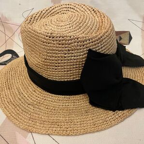 美品 CONTROL FREAK キャセリーニ ラフィア つば広 ハット ナチュラル 麻リボン