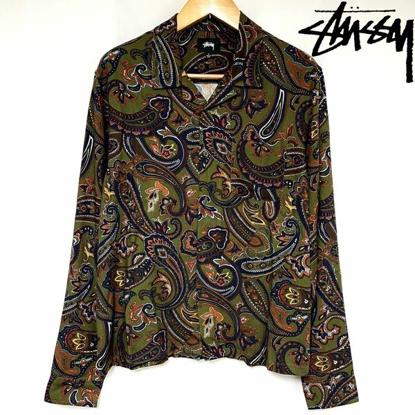 STUSSY ステューシー Cypress Paisley Shirt サイプレス ペイズリー オープンカラー シャツ 長袖 レーヨン メンズ　オリーブ　Olive L