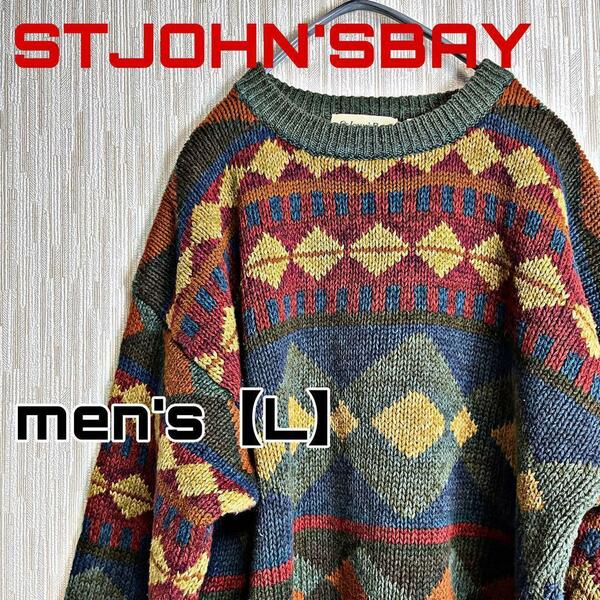 C1082【STJOHN'SBAY】総柄ニットセーター【L】総柄