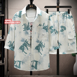 夏新品 メンズ 花柄 半袖シャツ ショーツ 上下セット アロハシャツ ハーフパンツ セットアップ 夏 海 リゾート XL~3XL選択 グリーン