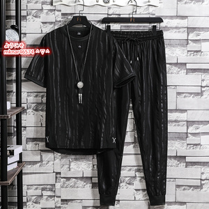 ジャージ メンズ 半袖Tシャツ ロングパンツ 上下セット チノパン トレーナー 刺繍 シンプル 個性 トレーニング 薄手 夏 XL~4XL選択 黒