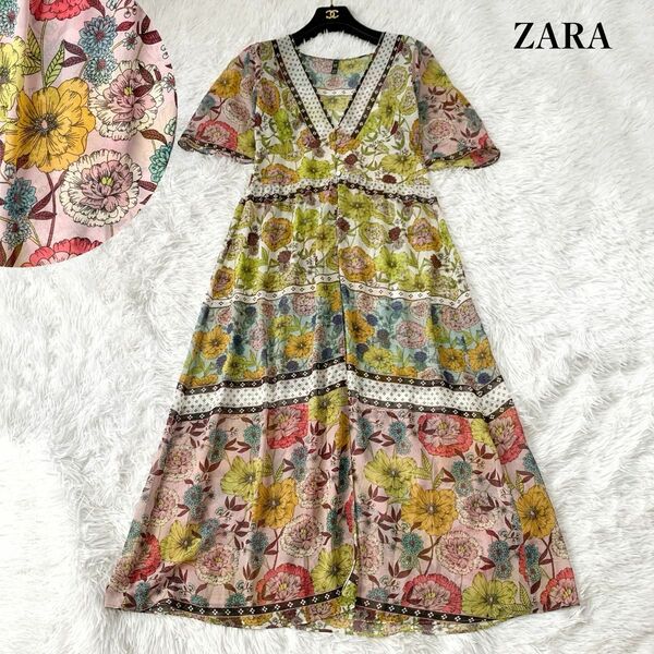 ZARA ザラ 花柄ロングワンピース 2way シアー ボタニカル柄 リゾートワンピース フレア M