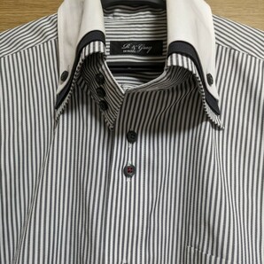 【襟3つボタン】 長袖ボタンダウンシャツ サイズ L 41-85 濃いグレーと白のストライプ　クールビズ USED 襟立て　形状記憶 ★送料込み