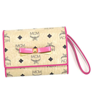 MCM 名刺入れ MYS7SLL07 CARD CASE WITH WRISTLET リボン カードケース IG001 ベージュ+ピンク 新品