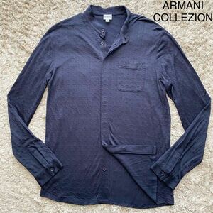  превосходный товар /XL размер /ARMANI COLLEZION Armani koretso-ni рубашка с длинным рукавом шелк жакет блузон темно-синий неровность рисунок мужской весна лето тонкий 