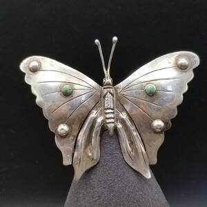 30'40's メキシコ シルバー 大きな蝶 ヴィンテージ ブローチ 存在感 モチーフジュエリー 昆虫 銀細工 ターコイズ 装飾 R13-R