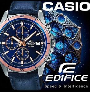 新品1円 カシオ逆輸入EDIFICE欧州エディフィス100m防水 クロノグラフ 本革 ブルー&ゴールド 未使用 CASIO 本物 メンズ 腕時計