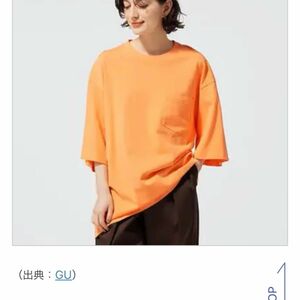 ジーユー gu オーバーサイズ Tシャッツ 半袖Tシャツ オレンジ 男女共用 コットン 五分袖