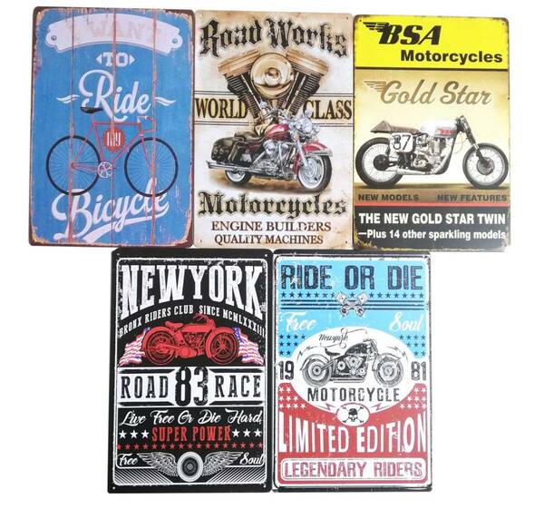 【在庫セール】アメリカン 5枚セット ダイナー バイク レトロ ヴィンテージ 看板 インテリア ブリキ 雑貨 ヒロワールドトレード