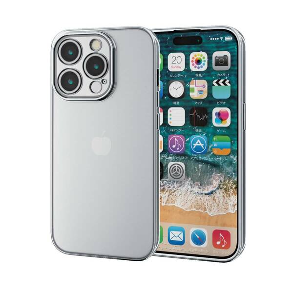 【特価セール】Pro iPhone15 ケース カメラ保護 ソフト エレコム メタリック加工 プラチナシルバー PM-A23CUC