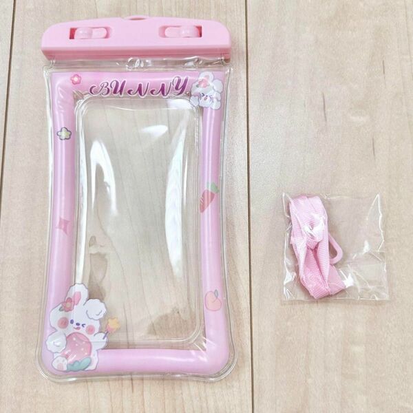 iPhoneスマホ防水ケース うさぎ ピンク海 プール 小学生女の子キッズ子ども　可愛い　　首掛け　ストラップ