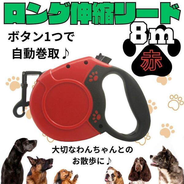 犬 リード 8m　赤　ワンタッチ 伸縮リード 散歩 ロングリード