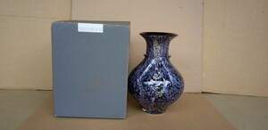 カメイガラス 花瓶 金彩 紫&白 HAND MADE BLOWN GLASS 花器 飾り KAMEI GLASS OSAKA JAPAN 箱入品／おそらく中古品ですがわりとキレイな1点