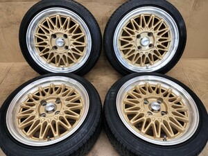 STANCE MAGIC 14インチ 6.5J 4H PCD100 【155/55R14】★引っ張りタイヤ 14×6.5J +35 4穴 軽カスタム ゴールド スタンスマジック 4本セット