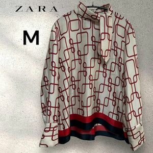 ZARA/ザラ　ボウタイブラウス　スカーフ柄　M 袖ビジューボタン