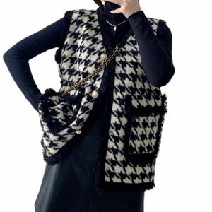千鳥柄　ファー　ベスト　ツイード　ベーシック　韓国　ファッション　レディース ファーベスト ブラック