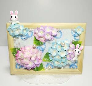 （ねこたぬ工房）ハンドメイド☆樹脂粘土☆うさぎ☆あじさい☆紫陽花☆フレーム飾り☆置物