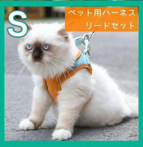 新品【Sサイズ】リード付き ハーネス 犬 猫 散歩 簡単装着 水色＋オレンジ