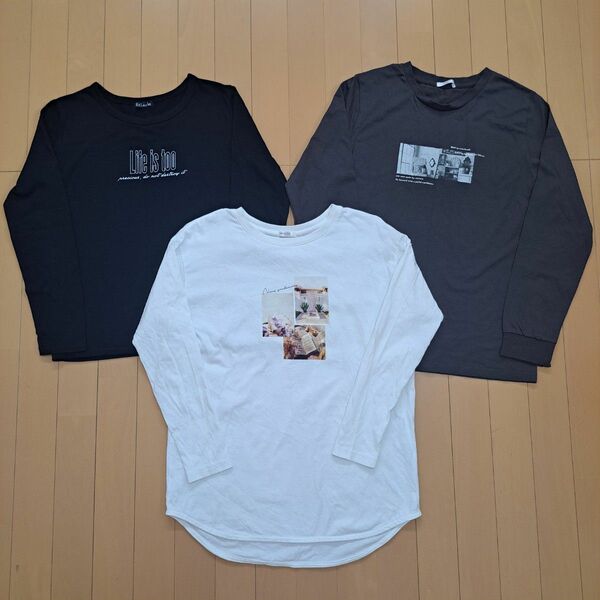 長袖 Tシャツ ロンT トップス 3枚セット まとめ売り ロゴ 白 黒 濃グレー Mサイズ レディース