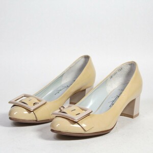 [ beautiful goods ] Ginza Kanematsu enamel leather yellow futoshi heel high heel 